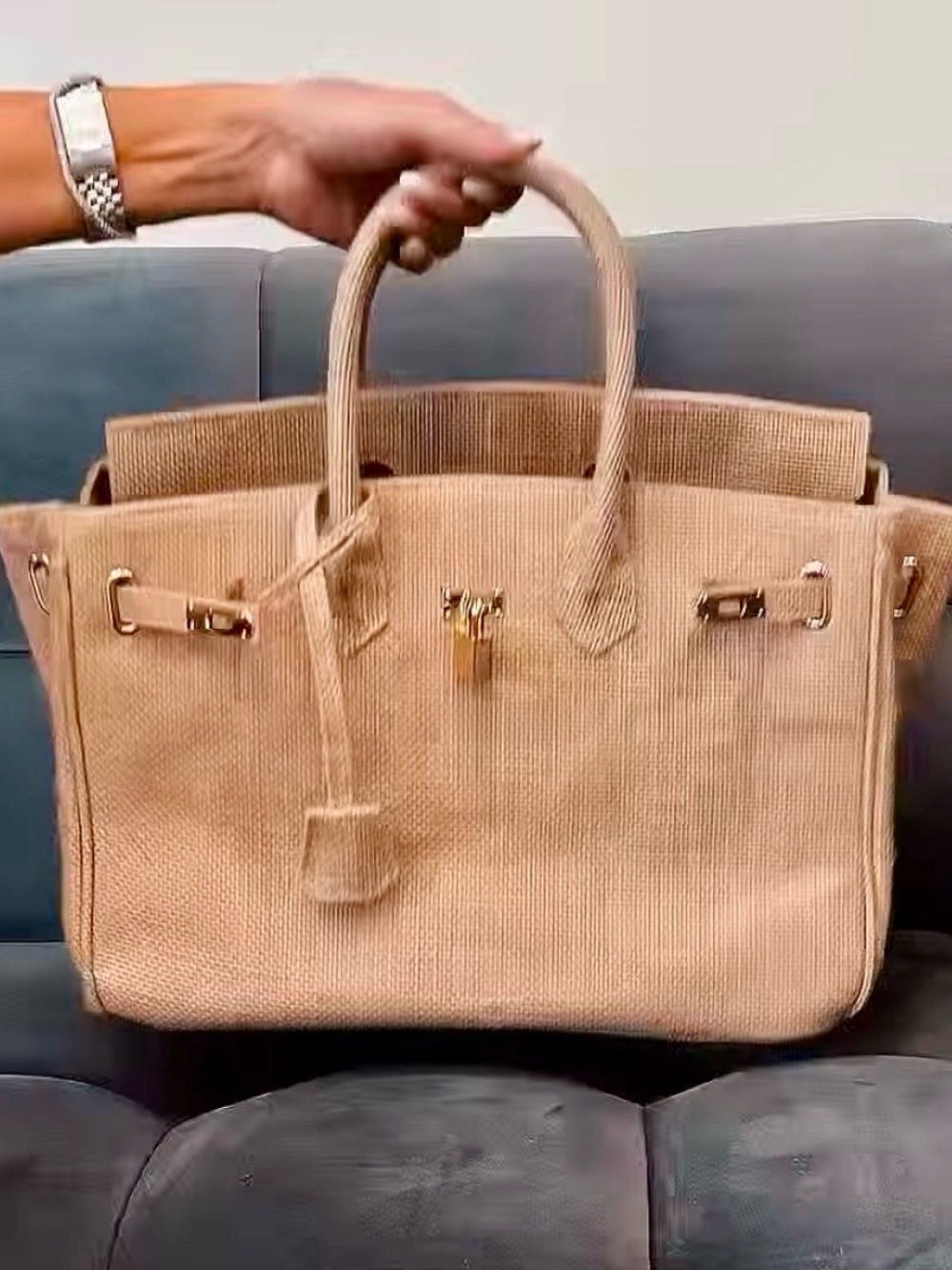 No brand Textured Tan Tote with Gold Hardware and crossbody strap